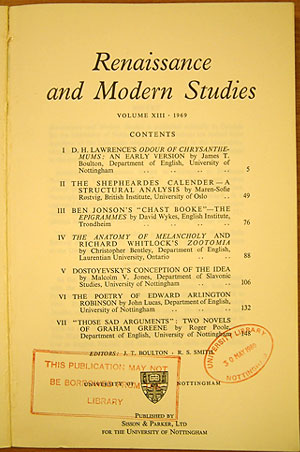 Contents page in 'Renaissance and Modern Studies'